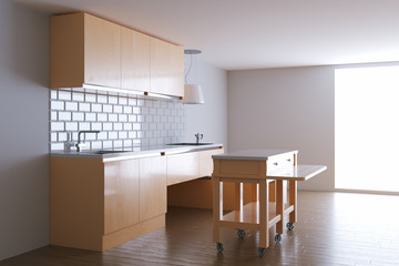 3d render beige kitchen in white interior