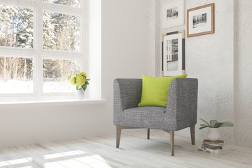 White room with armchair and winter landscape in window. Scandinavian interior design. 3D illustration