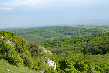 Fototapeta na wymiar View of the hilly landscape of Palava with forests, rocks in South Moravia under a blue sky with clouds