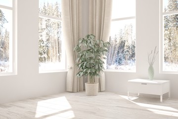 White empty room with winter landscape in window. Scandinavian interior design. 3D illustration