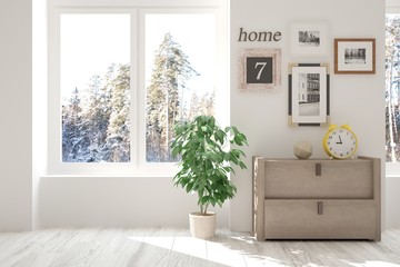 White room with shelf and winter landscape in window. Scandinavian interior design. 3D illustration