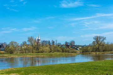 Rural landscape on the river Teza, village of Dunilovo, Ivanovo oblast, Russia.