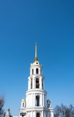 High white bell tower in Shuya, Ivanovo region, Russia.