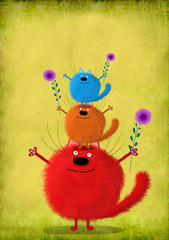 Colorful Cats With Flowers Making Acrobatic Pyramid