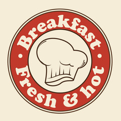Red breakfast sign with toque blanche over beige background. Vector illustration.