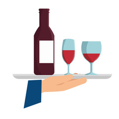 Hand holding a silver tray with a bottle and glasses of wine. Vector illustration.