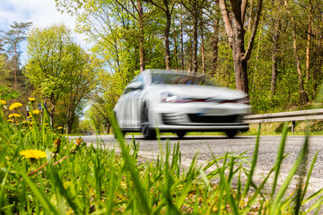 Auto schnell fahrend Strasse Löwenzahn Verkehr Umwelt gesunde Natur Ausflug Landstrasse Gefahr,...
