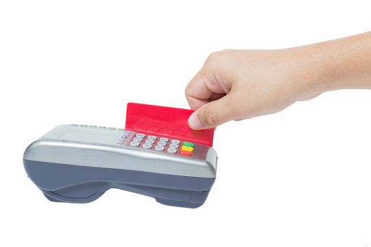 Hand using payment terminal isolated on white, paying with credit card, credit card reader, finance concept