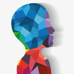 Side view of upper human body silhouette with colorful geometric shapes over white background. Vector illustration. 