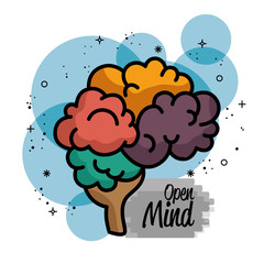 Colorful brain icon with open mind sign over blue, gray and white background. Vector illustration.