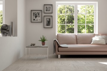 White room with sofa and green landscape in window. Scandinavian interior design. 3D illustration