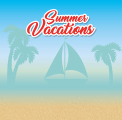 Fototapeta na wymiar Summer vacations sign with sailboat and palm trees silhouettes over beach background. Vector illusitration.