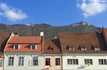 Buildings and sing  of main square of the Brasov, Romania