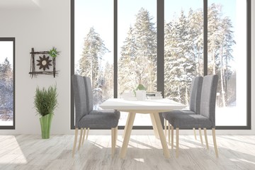 White dinner room with winter landscape in window. Scandinavian interior design. 3D illustration