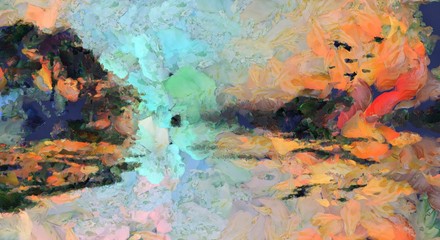 Fototapeta na wymiar Colorful Water Island Landscape Painting