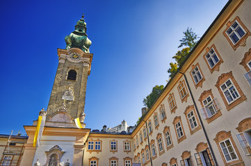 Fototapeta na wymiar view of Franciscan Church and old street, Salzburg, Austria