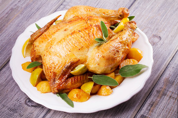 Chicken with Lemon, Lime and Potato Garnished with Sage