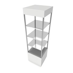 Empty showcase with glass shelves for exhibit. 3D render illustration isolated on white background. Trade show booth blank pedestal for expo design.
