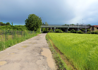 Fototapeta na wymiar Rural unpaved road and green wheat field under a stormy sky