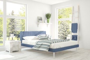 White bedroom with green landscape in window. Scandinavian interior design. 3D illustration