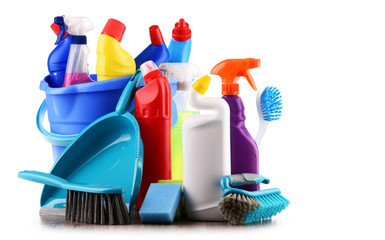 Variety of detergent bottles and chemical cleaning supplies - obrazy, fototapety, plakaty