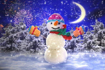 Snowman congratulates happy New year. In a fabulous night forest under the moon.