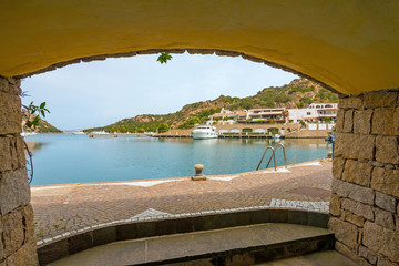 Beautiful Sardinian port Poltu Quatu and mountains. Poltu Quatu, Sardinia, Italy