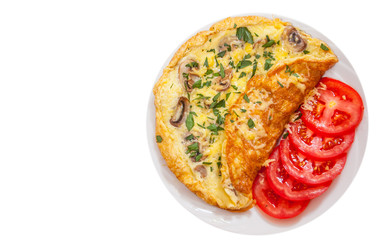 Omelet with mushrooms and cheese. top view. isolated on white - obrazy, fototapety, plakaty