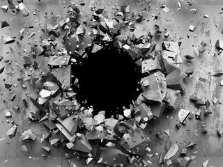 Fototapeta Cracked explosion concrete wall hole abstract background. 3d render illustration obraz