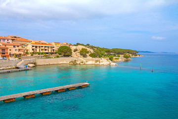 View the town of La Maddalena from ferry boat, northern Sardinia, Italy