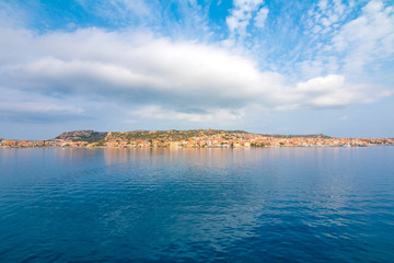 View the town of La Maddalena from ferry boat, northern Sardinia, Italy