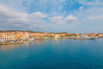 Fototapeta na wymiar View the town of La Maddalena from ferry boat, northern Sardinia, Italy