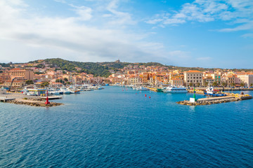 Fototapeta na wymiar View the town of La Maddalena from ferry boat, northern Sardinia, Italy
