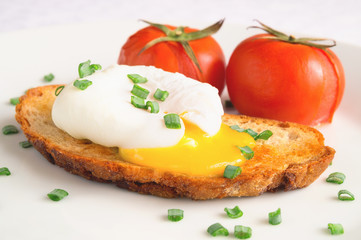 poached egg, toast, and baked tomatoes sprinkled with green onion