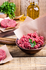 Organic raw ground beef meat and burger steak cutlets
