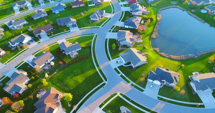 Exceptionally beautiful neighborhoods, nice homes, aerial view at sunrise.
