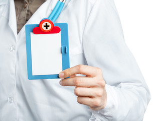 Doctor holding card with stethoscope isolated