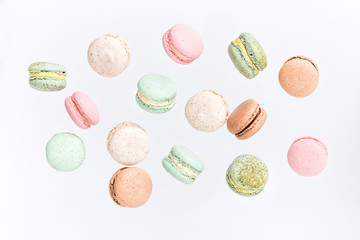 Macarons cake, top view flat lay, fly falling pattern macaroon - obrazy, fototapety, plakaty