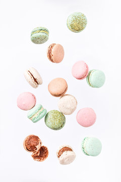 Macarons cake, top view flat lay, fly falling pattern macaroon