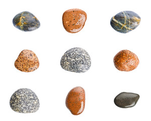 Wet sea stones isolated on white background. Set of sea stones.