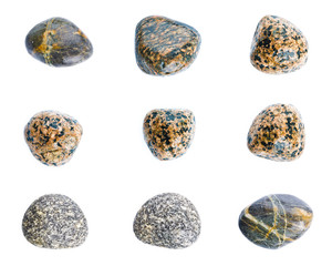 Wet sea stones isolated on white background. Set of sea stones.