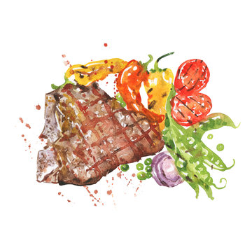 Watercolor bbq steak with vegetables. Hand drawn barbecue meet with splashes. Painting isolated summer food illustration on white background