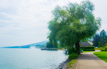 View of a lakeside promenade of the swiss town Rorschach