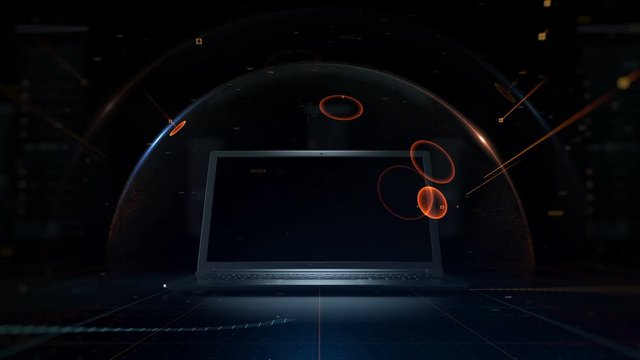 3d rendered concept background. Hacker attacks the notebook. Particles symbolise threats that hits protected spherical shield that cover digital computer.
