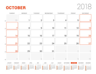 Calendar Template for 2018 Year. October. Business Planner with Year Calendar. Stationery Design. Week starts on Sunday. Vector Illustration