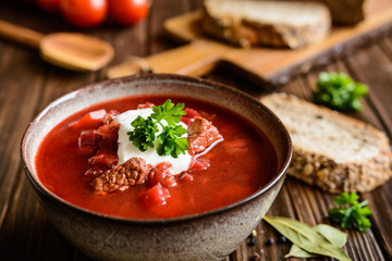 Borscht - traditional Ukraine soup made of beetroot, tomato, cabbage, carrot and beef