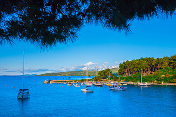 Fototapeta na wymiar Wonderful romantic summer landscape panorama coastline sea. Boats and yachts in harbor at cristal clear azure water. Green trees at the edge of the coast.
