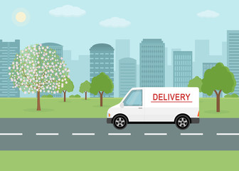 White delivery van on city background. Product goods shipping transport. Fast service truck