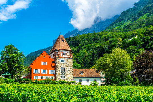 View Of The Famous Red House In Liechtenstein.