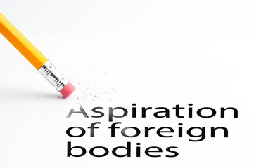 Closeup of pencil eraser and black aspiration of foreign bodies text. Aspiration of foreign bodies. Pencil with eraser.